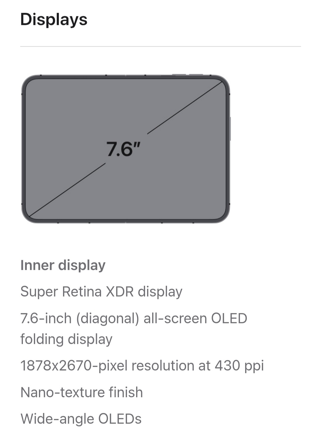 Apple spec: inner display 7.6 inch, 1878x2670 px at 430 ppi