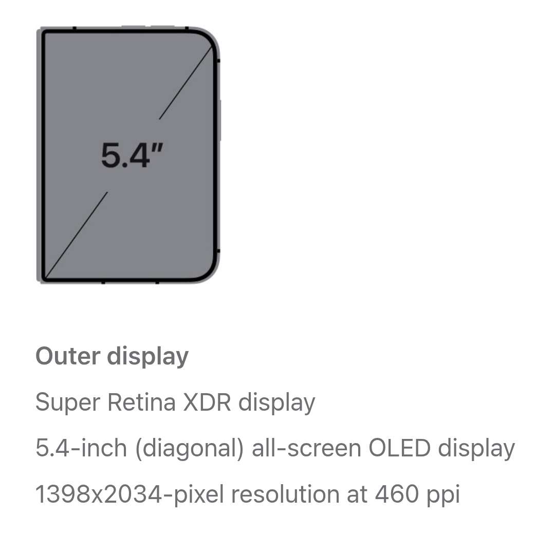 Apple spec: outer display 5.4 inch, 1398x2034 px at 460 ppi